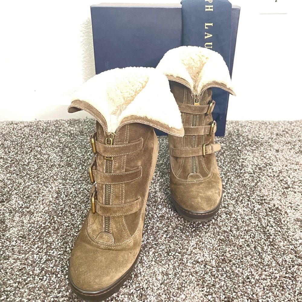 Ralph Lauren Shearling-lined Olive Suede Ankle Winter Boots, size 8.5D - Picture 2 of 11